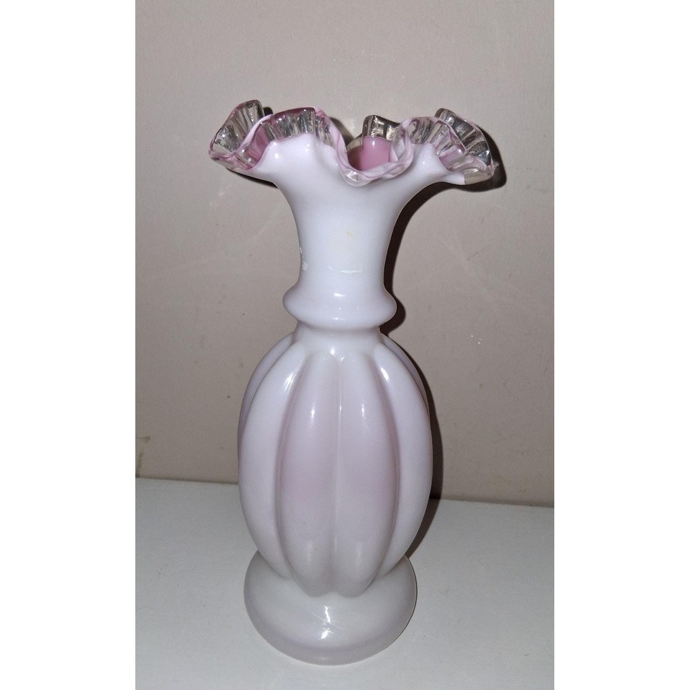 Vintage Pink Art Glass Ruffled Rim Vase 9" Ribbed Cased Glass